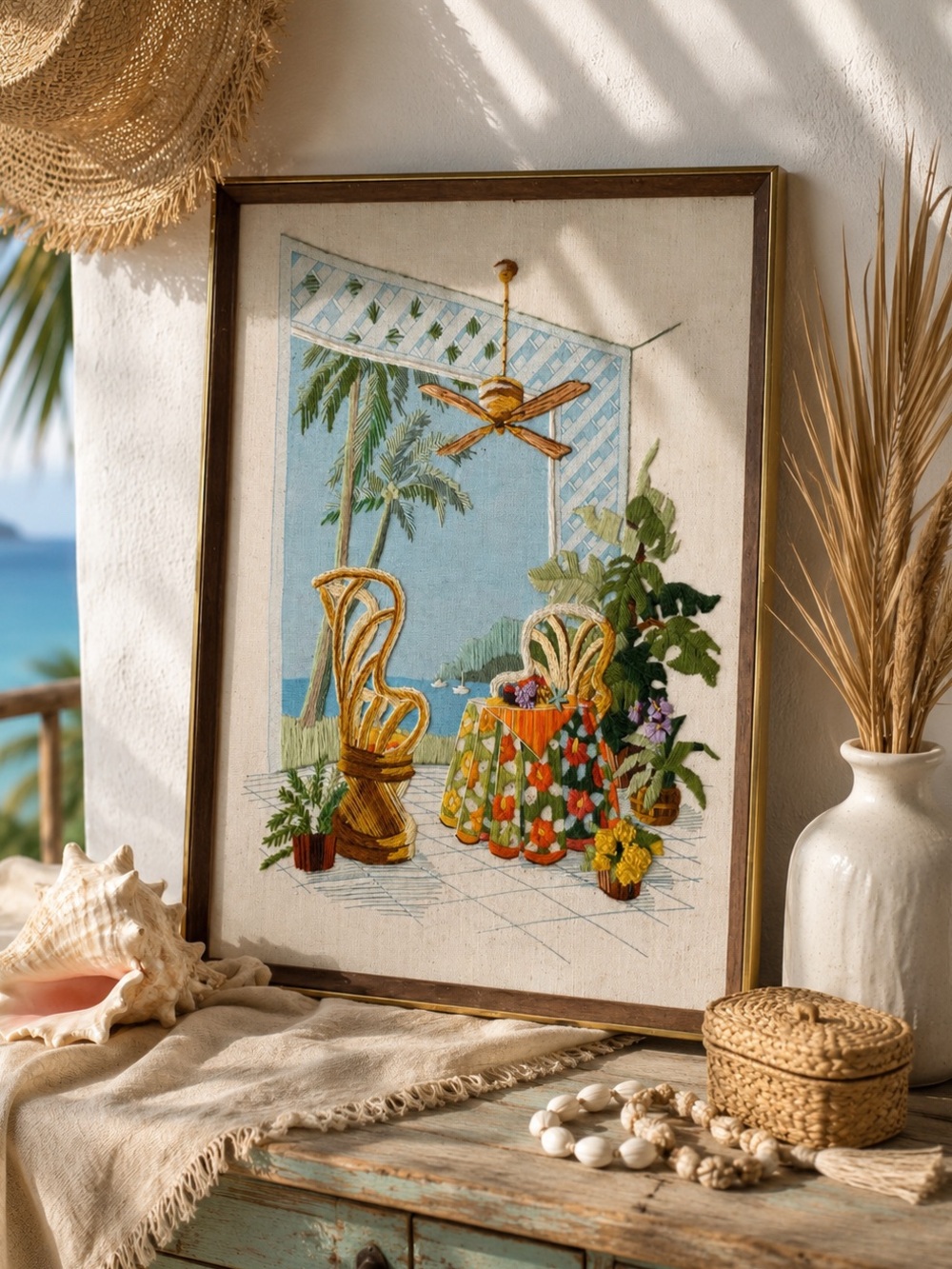 Hand-Embroidered Tropical Patio Wall Art - Yellow, Green, Blue - vintage crewel